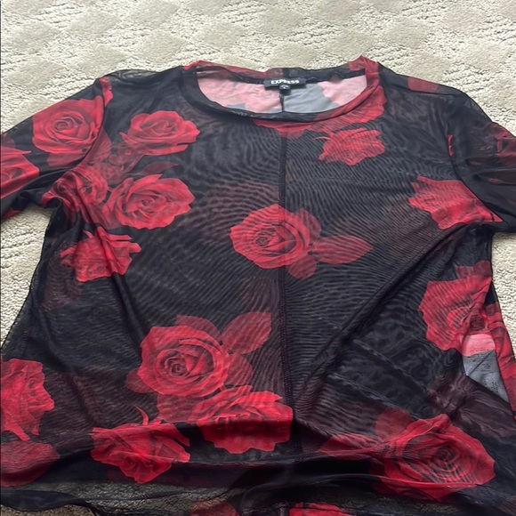 Express  Red Rose Mesh Top - Picture 1 of 3